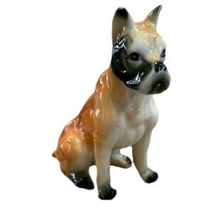 Vtg Brown Boxer Figure 3.5” Sitting Dog Bone China Hand Painted Glossy Figurine